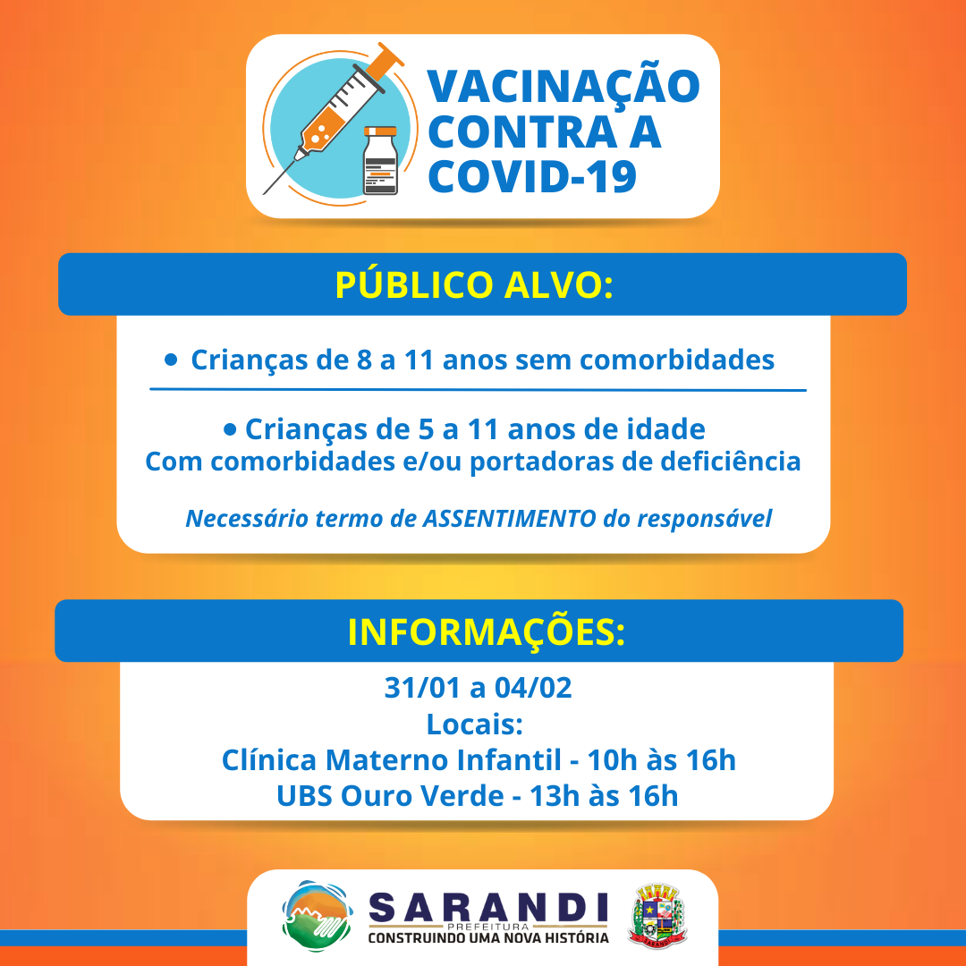 Vacinação Contra Covid-19 - Crianças de 05 a 11 anos de idade - De 31/01 a 04/02